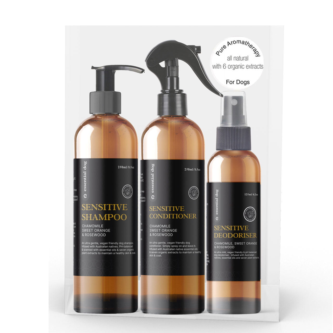 Set of three Essential Dog pet care products including sensitive shampoo, sensitive conditioner, and sensitive deodorizer 