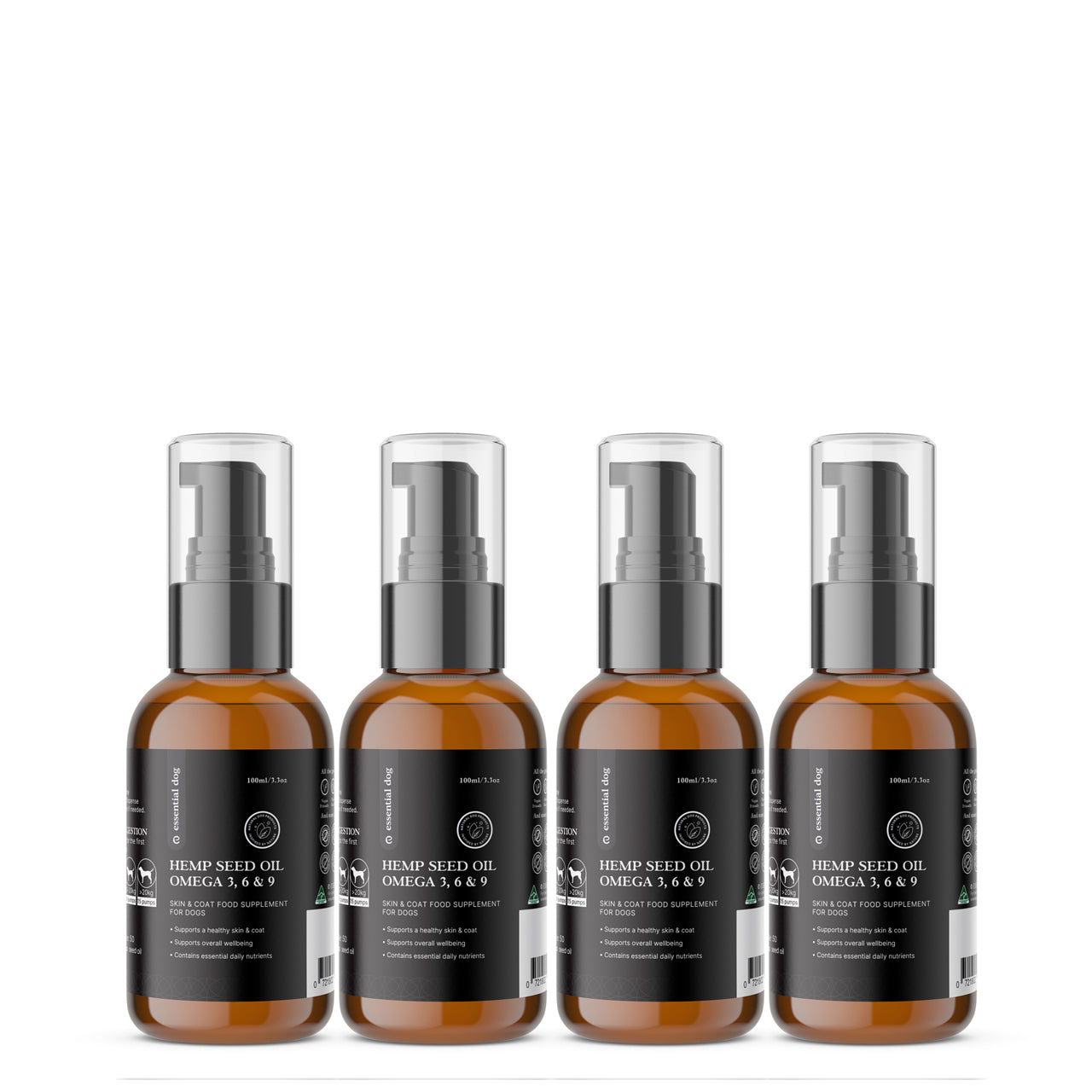 Four bottles of Essential Dog hemp seed oil with labels on a white background