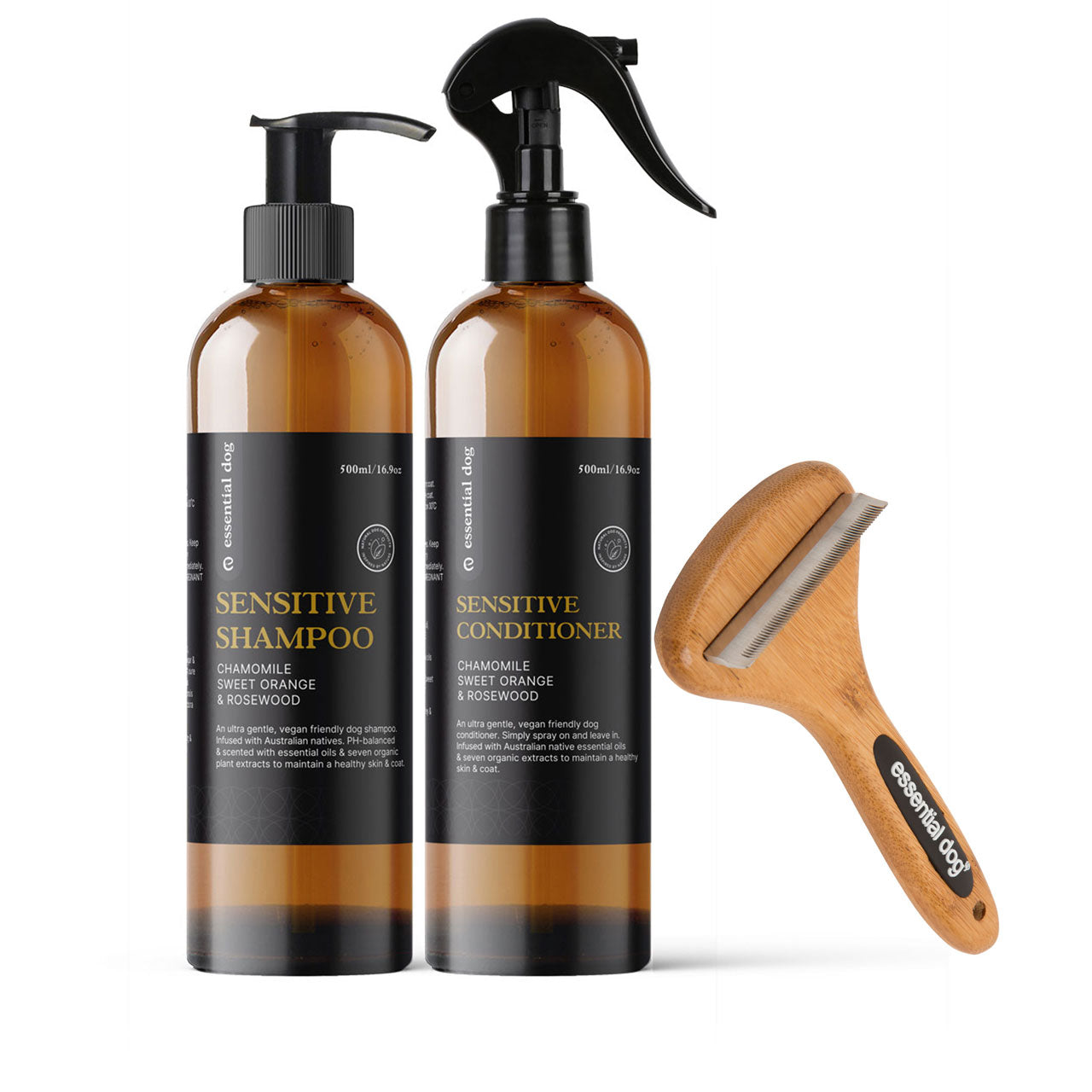 Essential Dog Sensitive shampoo and sensitive conditioner bottles with a bamboo deshedding tool