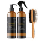 Essential Dog Sensitive shampoo and conditioner bottles with a bamboo doble-sided brush on a white background