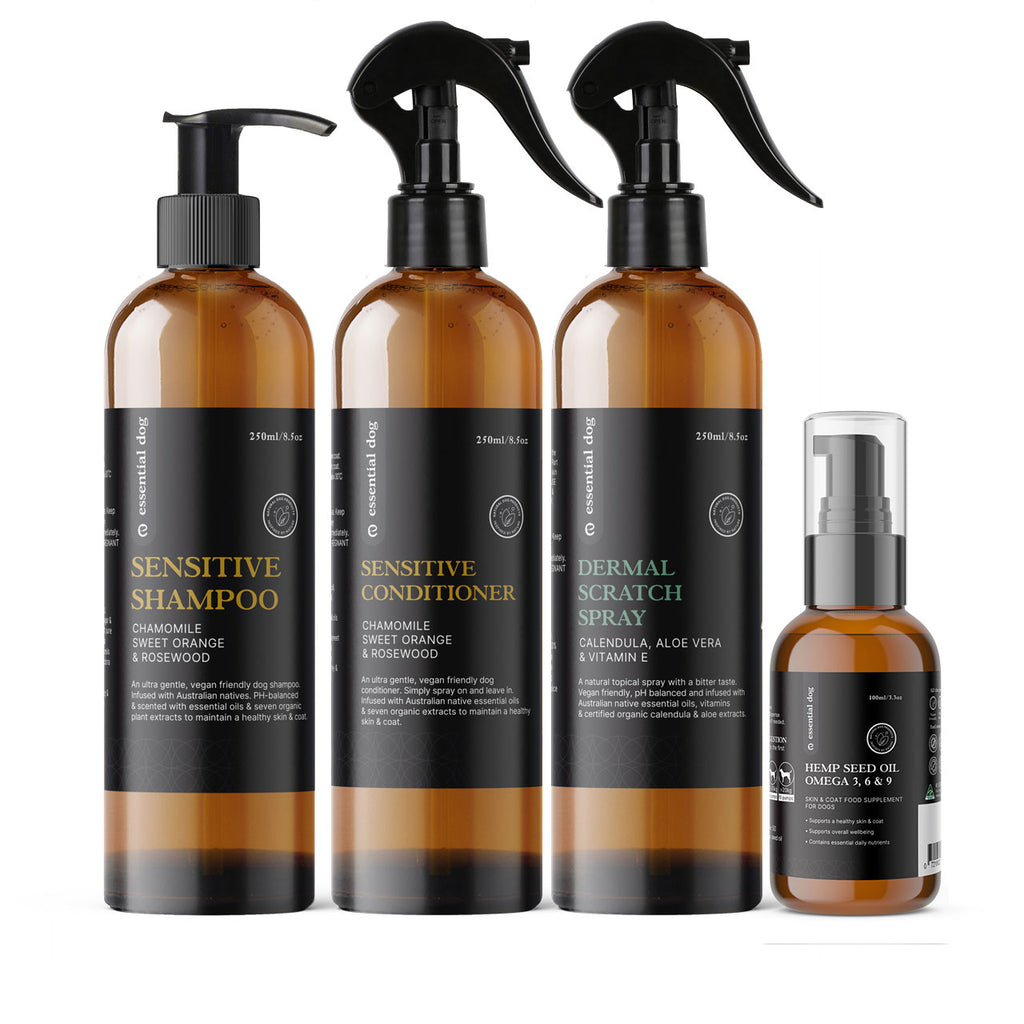 Pack Sensitive 5 : shampoing, après-shampoing, spray anti-grattage et huile de graines de chanvre