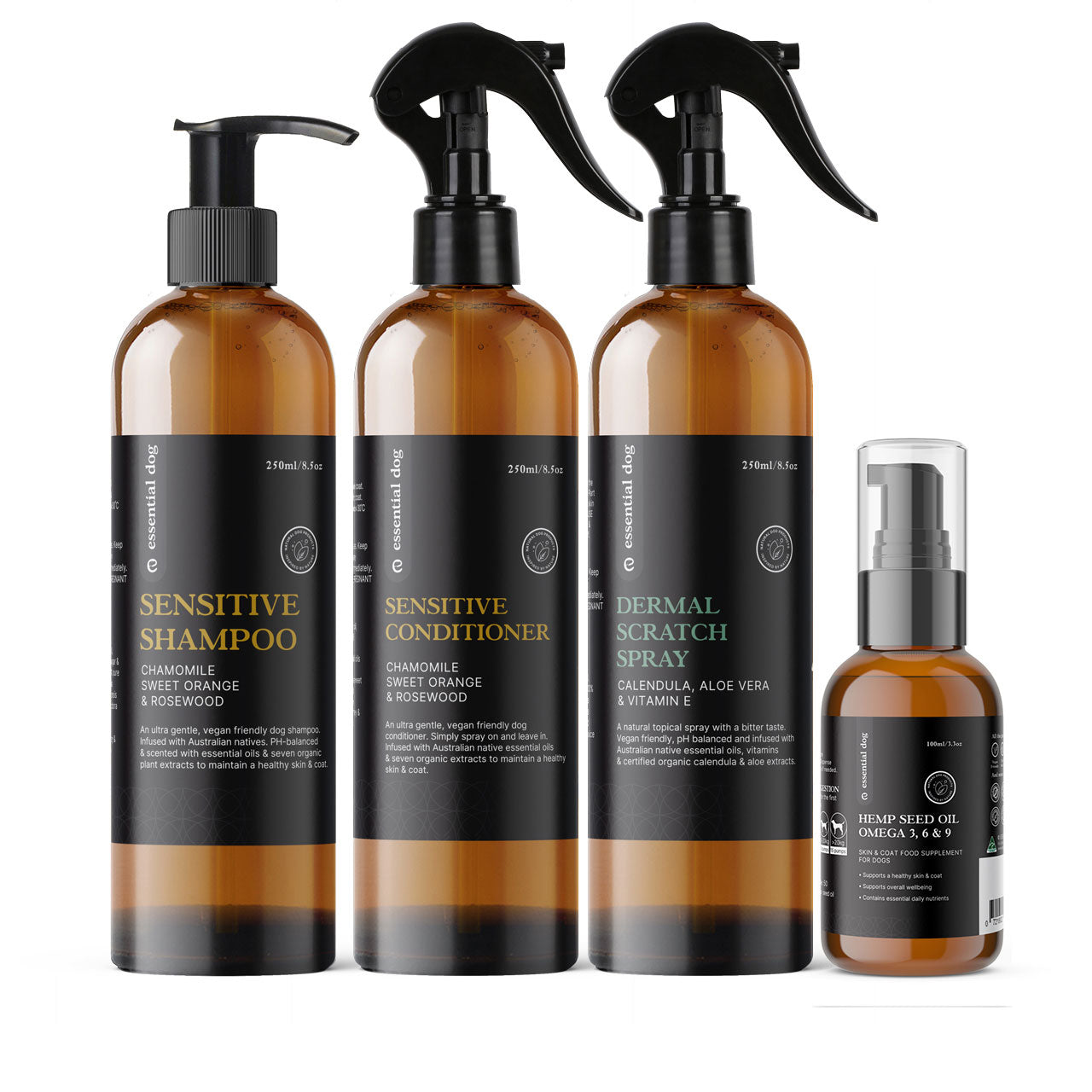 Pack Sensitive 5 : shampoing, après-shampoing, spray anti-grattage et huile de graines de chanvre