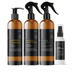 Set of all natural dog skincare products including shampoo, conditioner, and sprays on a white background