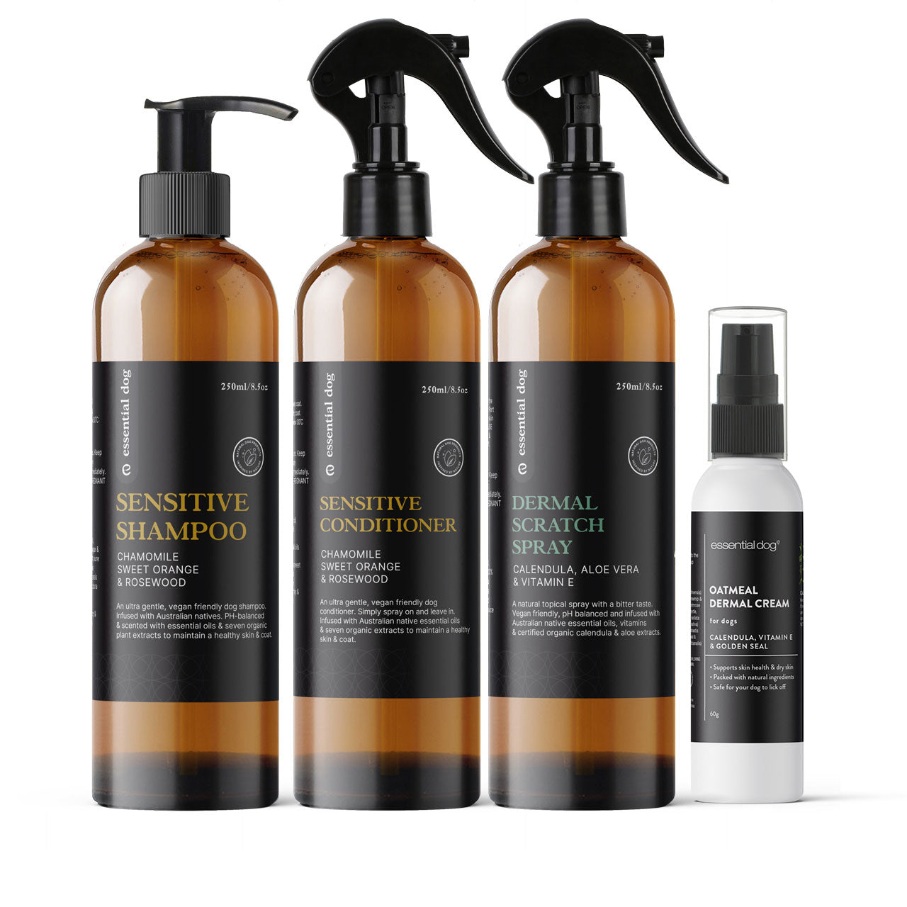 Set of all natural dog skincare products including shampoo, conditioner, and sprays on a white background